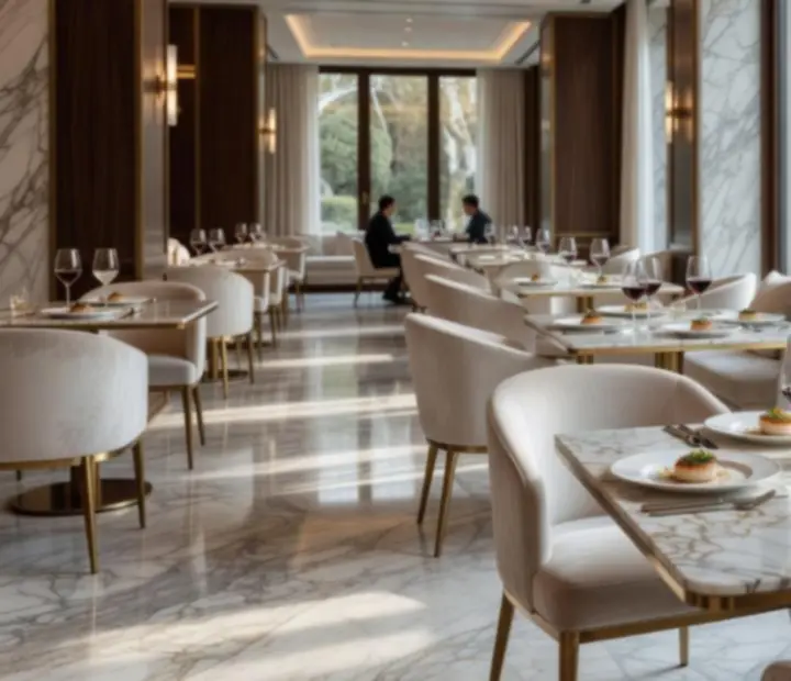 Elegáns fine dining étterem márvány asztalokkal és diófa részletekkel