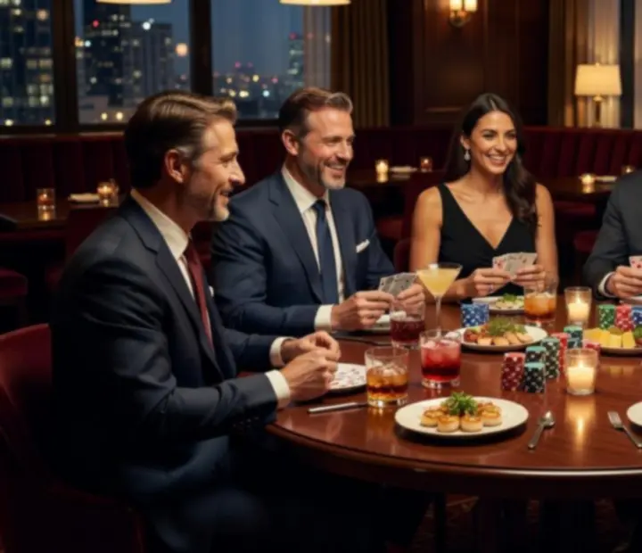 Offline pókerest elegáns éttermi környezetben, zsetonok és kártyák az asztalon