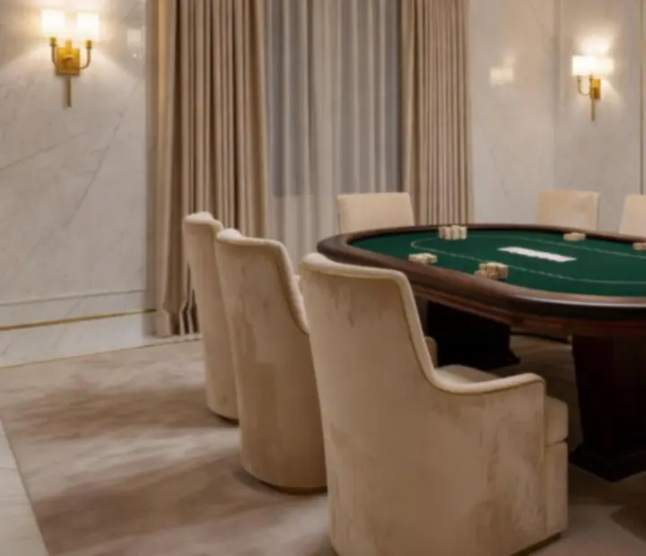Elegáns privát pókerterem fine dining megterítéssel