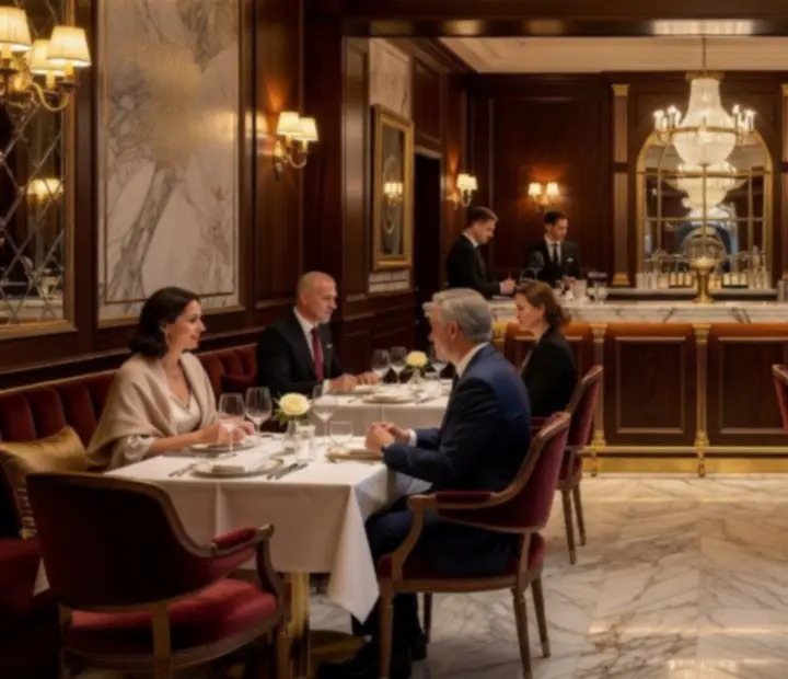 Elegáns esti hangulat a nooventra étteremben, finoman megvilágított asztalokkal